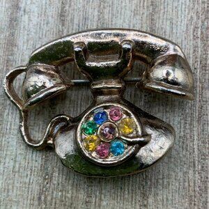 Telephone Rotary Vintage Small Gold Tone Rhinestone Brooch Pin
